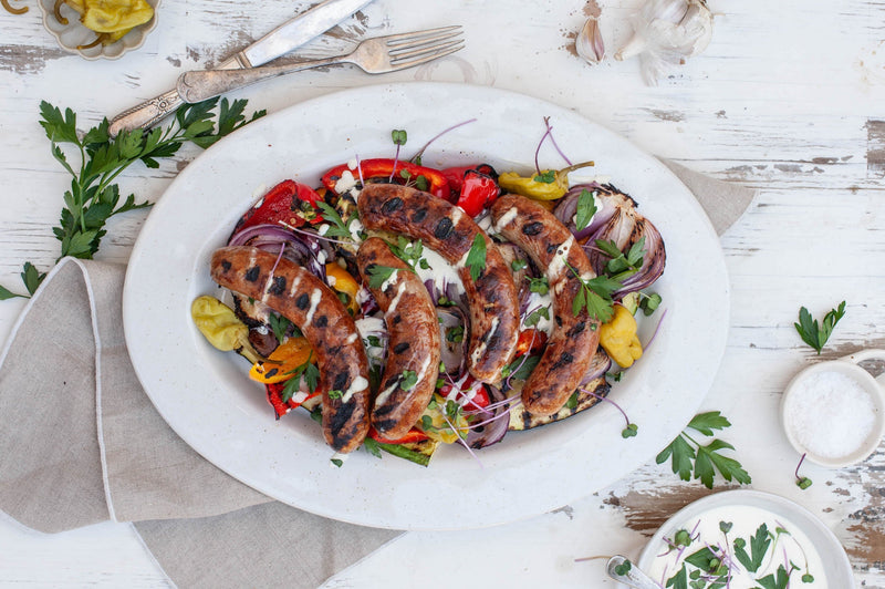 Grilled Berkshire Sausages with Fresh Vegetables & Creamy Garlic Sauce