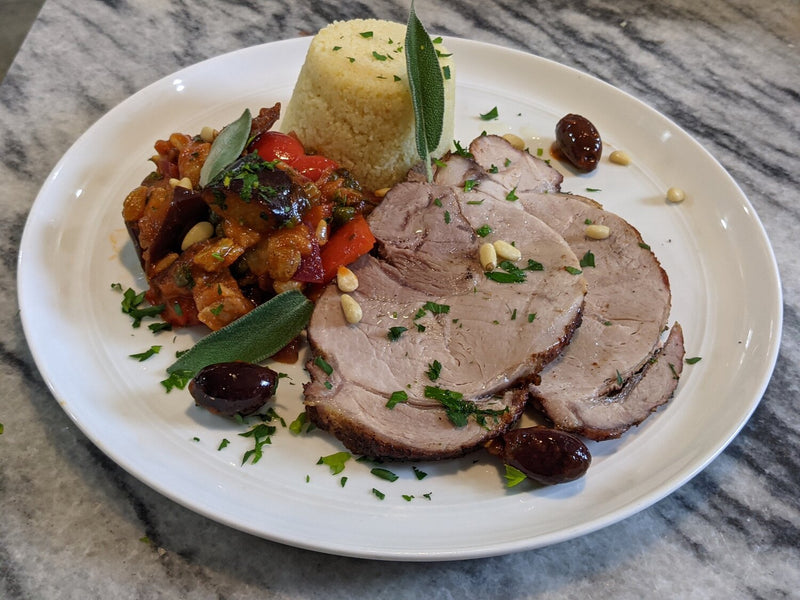 ROAST SIRLOIN OF PORK WITH CAPONATA AND SAGE