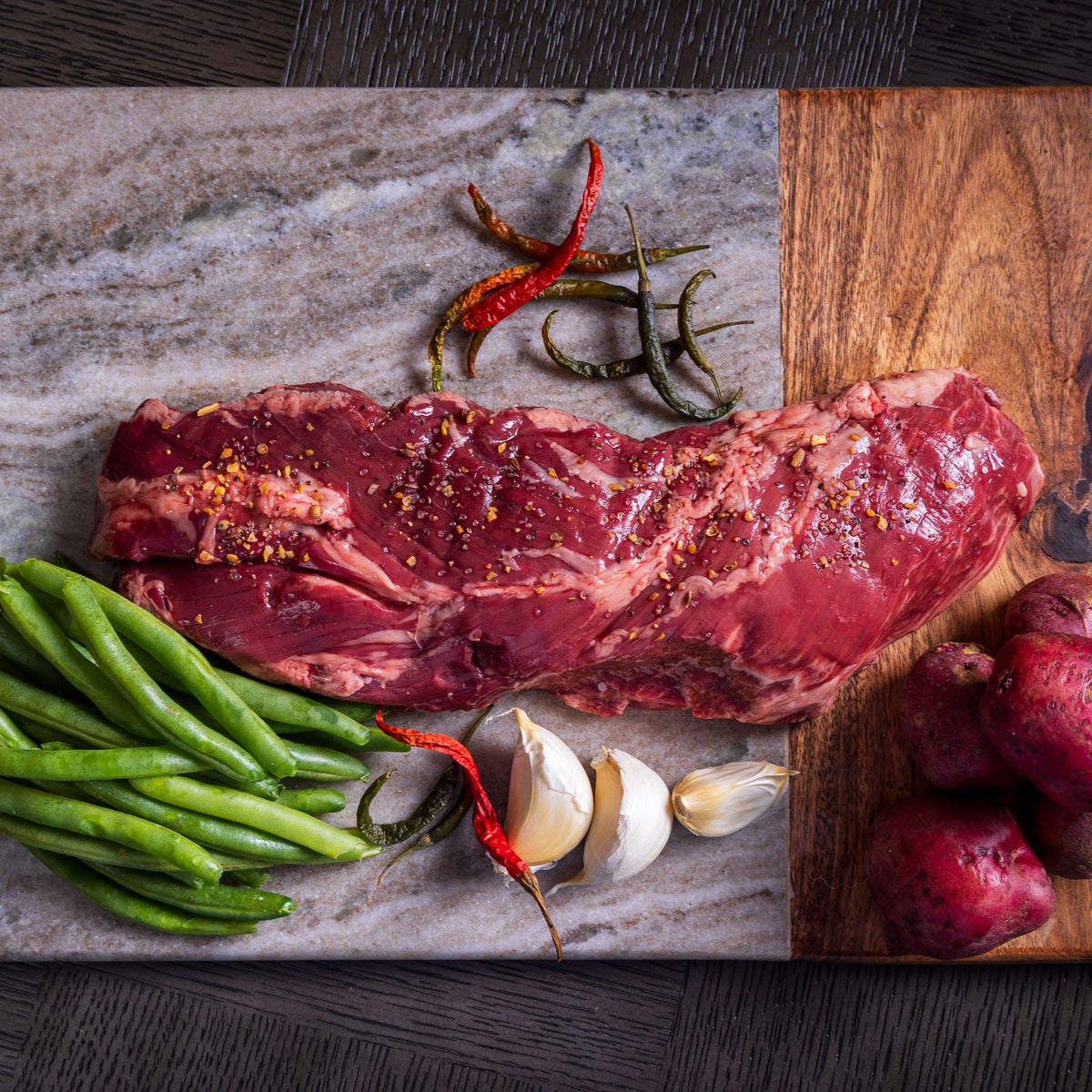 hanger steak with vegetables